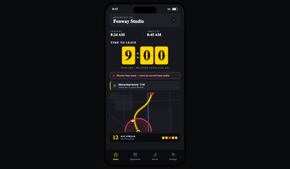Outset armed home screen — 9 minutes until leave-by for Fenway Studio, distractions locked, route on map, 12-day streak